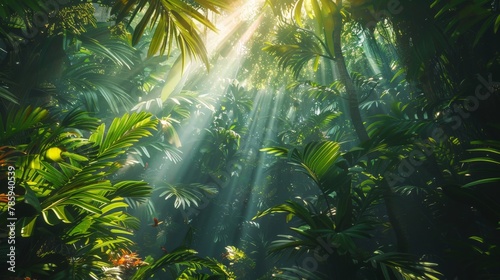 A lush rainforest canopy with sunlight filtering through the leaves  casting dappled light on the forest floor below. Include colorful birds and exotic plants.