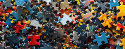 Close-up of colorful interlocking pieces of puzzle, showcasing texture and detail photo