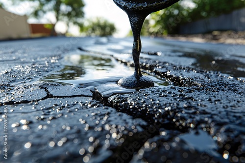 A detailed process of pouring asphalt sealant on a driveway to meticulously repair cracks, ensuring a smooth and durable surface photo