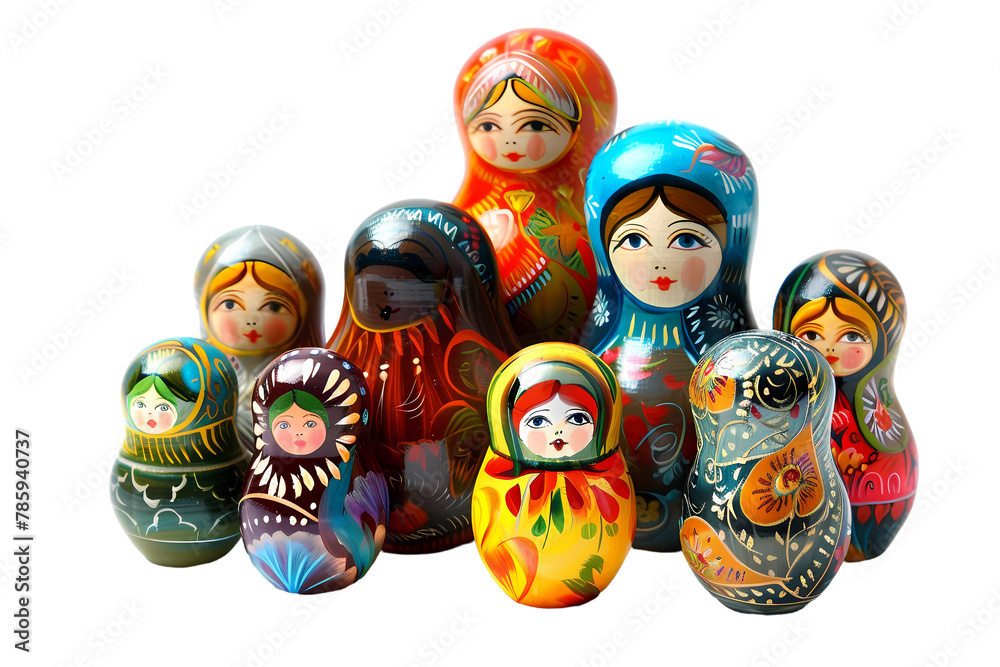 russian dolls in the snow isolated on white background