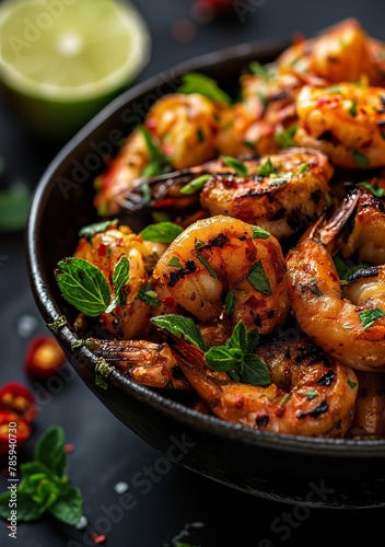 Close up of a bowl filled with delicious grilled shrimp, garnished and decorated with vibrant herbs and spice