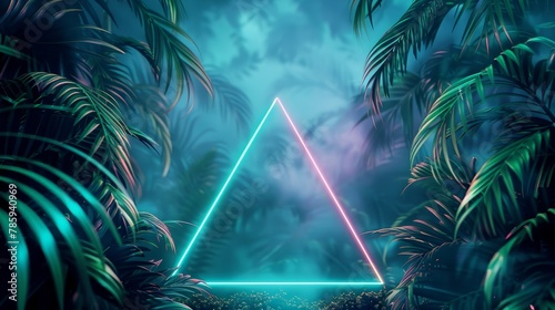 An abstract neon-themed background featuring tropical leaves and a triangular frame