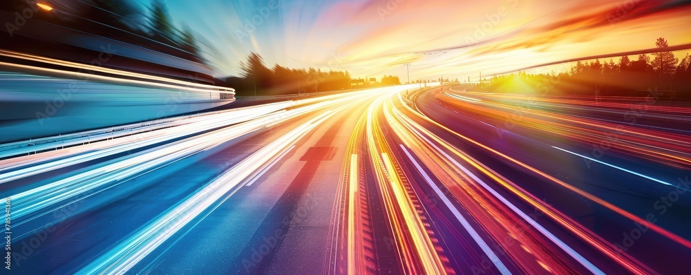 A vibrant long-exposure shot capturing the dynamic light trails of vehicles on a busy highway at dusk or dawn