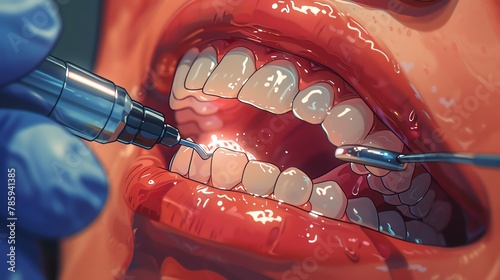 Illustration of a dentist using an ultrasonic scaler, extreme closeup on the tooth photo