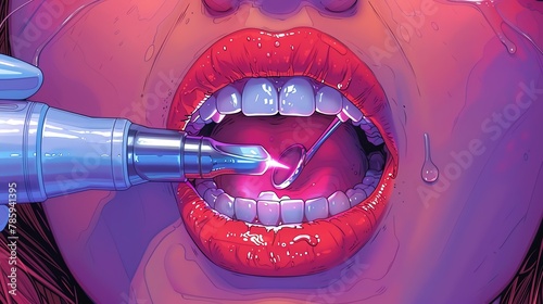 Illustration of a dentist using an ultrasonic scaler, extreme closeup on the tooth photo