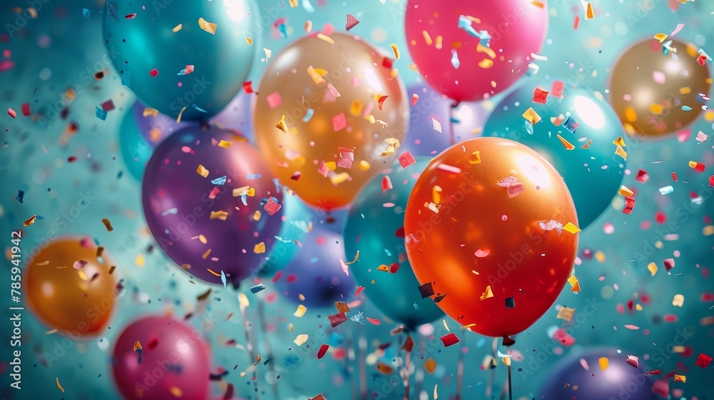 An exuberant display of balloons and confetti against a lively background