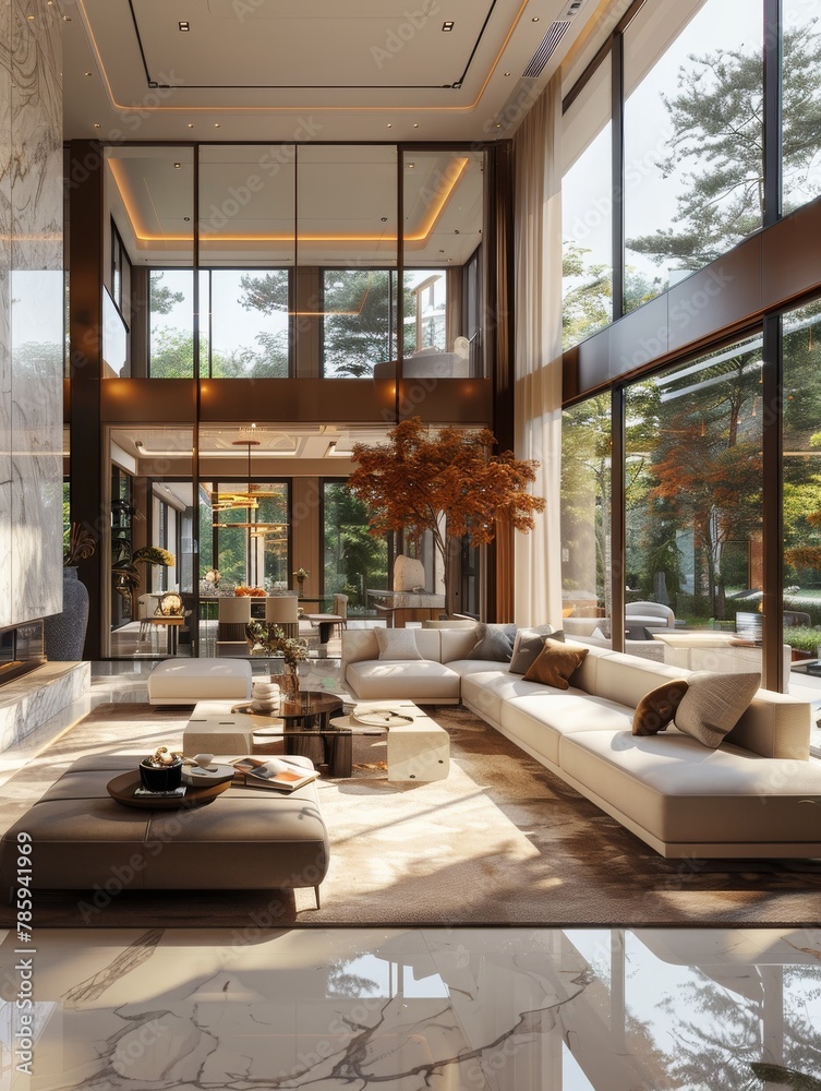 Editorial-style portrayal of a 3D-rendered living room, featuring high-quality visuals suitable for architectural publications.