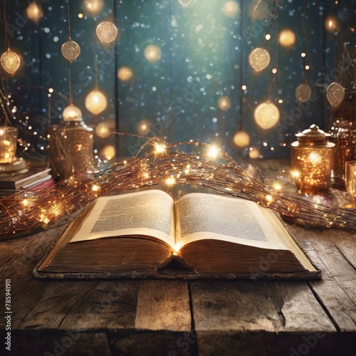 open book with candle,an ancient book shimmering magical lights on a worn vintage table, transporting viewers to a world of fantasy and imagination.