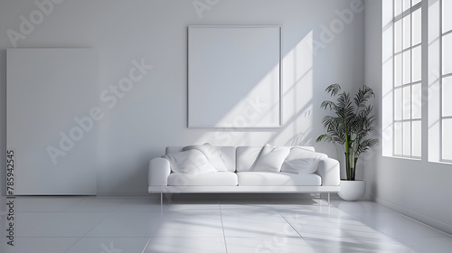 White minimalist living room interior with sofa, dresser on a wooden floor, decor on a large wall, minimalist living room in white color with sofa ,Scandinavian interior design