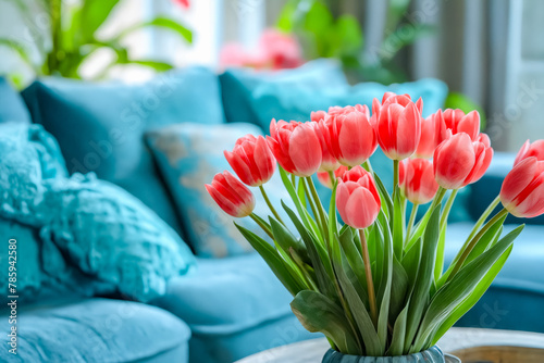 Vase of pink tulips in front of blue couch. #785942580