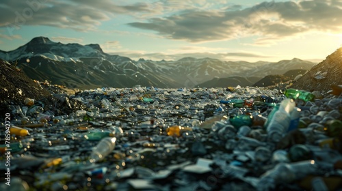 A overflowing landfill overflowing with plastic waste, a stark reminder of the pollution crisis linked to global warming.3D rendering. photo