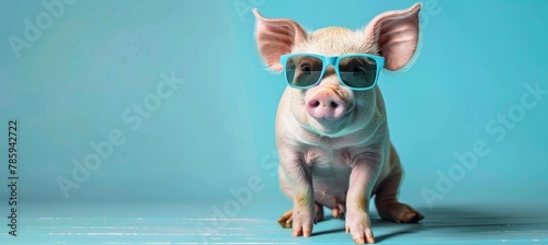 Charming pig with sunglasses against pastel backdrop, offering ample space for text placement.