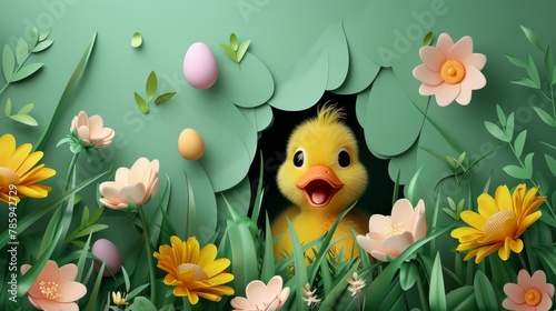 Craft an Easter banner featuring a delightful duckling peeking out from a hole in a paper