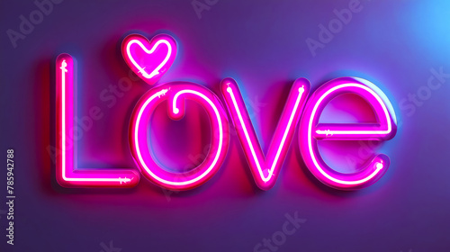Love neon sign on purple background.
