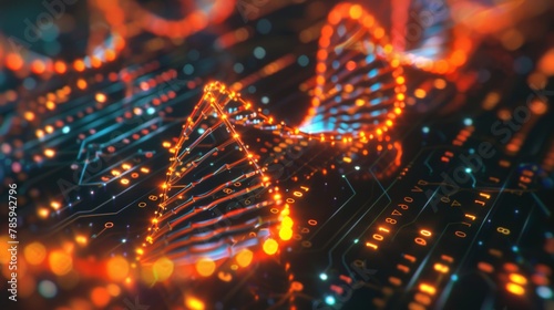 A microscopic view of a DNA strand, reimagined as a digital circuit board with glowing pathways and intricate data patterns.