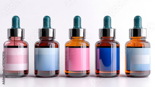 Group of bottles with different colors and labels.