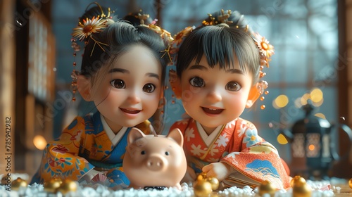 A 3D cartoon of two Japanesestyle kids playing with a piggy bank at a traditional New Year celebration, bright silver background
