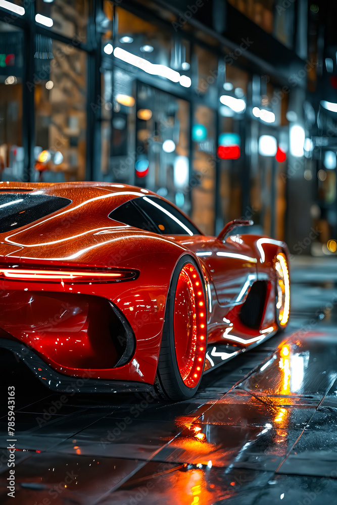 Red sports car on wet street.