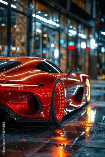 Red sports car on wet street. © valentyn640
