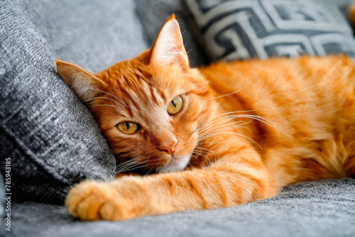 Orange cat laying on couch with pillows. © valentyn640