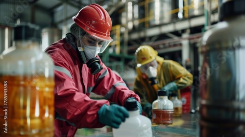 Workers wearing PPE while handling industrial chemicals