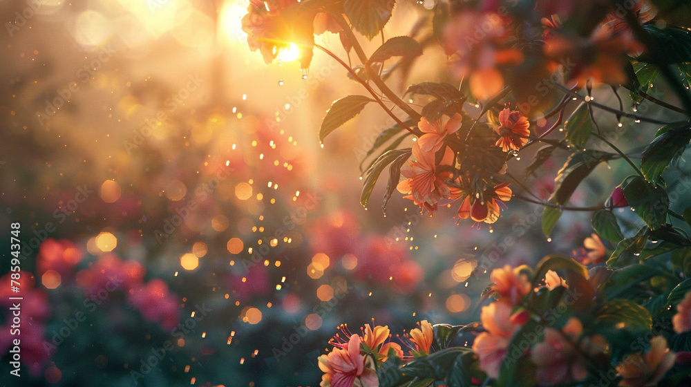 a garden waking up to the soft glow of dawn, with dew-kissed petals and the gentle chirping of awakening birds High detailed,high resolution,realistic and high quality photo professional photography - obrazy, fototapety, plakaty 