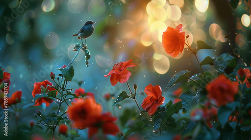 a garden waking up to the soft glow of dawn  with dew-kissed petals and the gentle chirping of awakening birds High detailed high resolution realistic and high quality photo professional photography