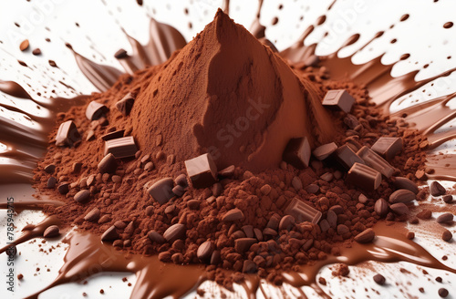 Explosion and splashes of cocoa powder and drink, isolated, promotional photo