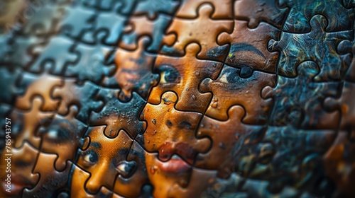 A closeup of a puzzle with each piece showing a face of a team member, emphasizing teamwork in business success photo