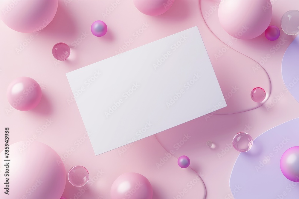 White paper card mockup with pink and purple balloons on pastel pink background White paper card mockup with pink and purple balloons on pastel pink background