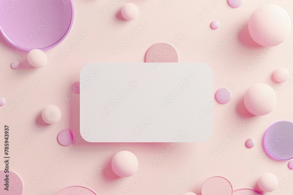 White paper card mockup with pink and purple balloons on pastel pink background