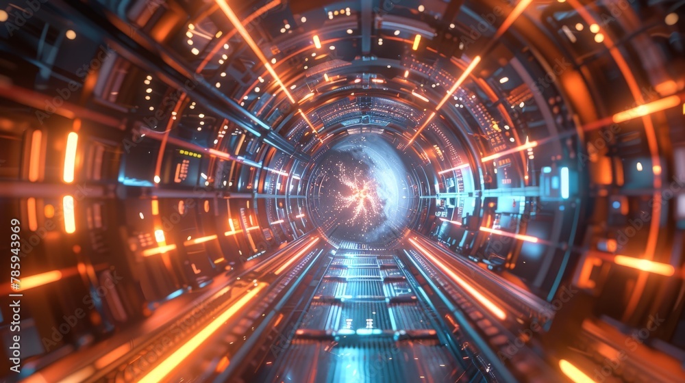 A particle accelerator tunnel with a powerful beam of energy streaking through the center, surrounded by advanced monitoring equipment.3D rendering A particle accelerator tunnel with a powerful beam of energy streaking through the center, surrounded by advanced monitoring equipment.3D rendering