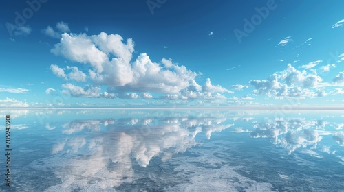 A panoramic view of a salt flat stretching out to the horizon. The sky is a clear blue, with perfect reflections of the clouds on the wet salt surface.