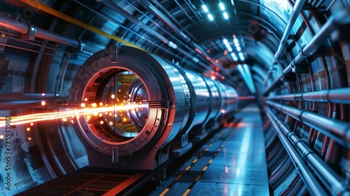 A particle accelerator tunnel with a powerful beam of energy streaking through the center, surrounded by advanced monitoring equipment.3D rendering