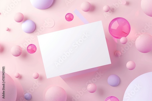 White paper card mockup with pink and purple balloons on pastel pink background © MrHamster