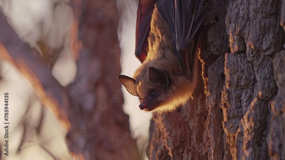 Close view of a bat hanging from a tree branch at dusk