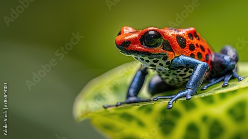 Close view of a colorful poison dart frog on a leaf photo