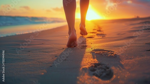 A person walking barefoot on soft sand along a deserted beach at sunset. Capture the tranquility of the moment.
