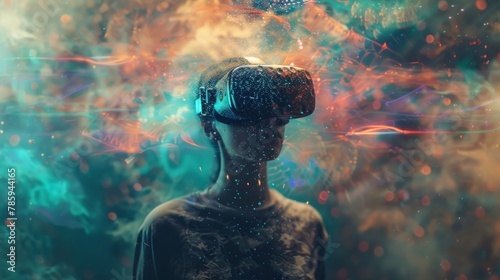 A person wearing a VR headset, completely immersed in a digital world depicted behind them. #785944165