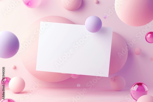 White paper card mockup with pink and purple balloons on pastel pink background © MrHamster