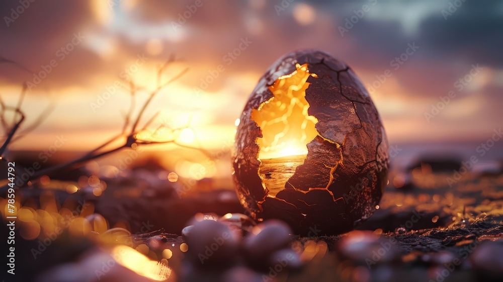 A photorealistic image of a chocolate Easter egg being cracked open, revealing a scene of the Easter sunrise inside.3D rendering - obrazy, fototapety, plakaty 