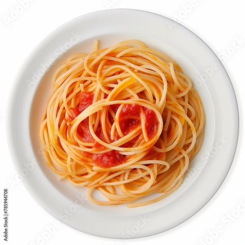Top view of a plate of spaghetti with a serving of tomato sauce on a white background.