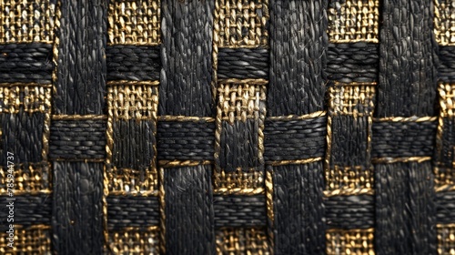 A seamless pattern of woven gold threads on a deep black fabric.