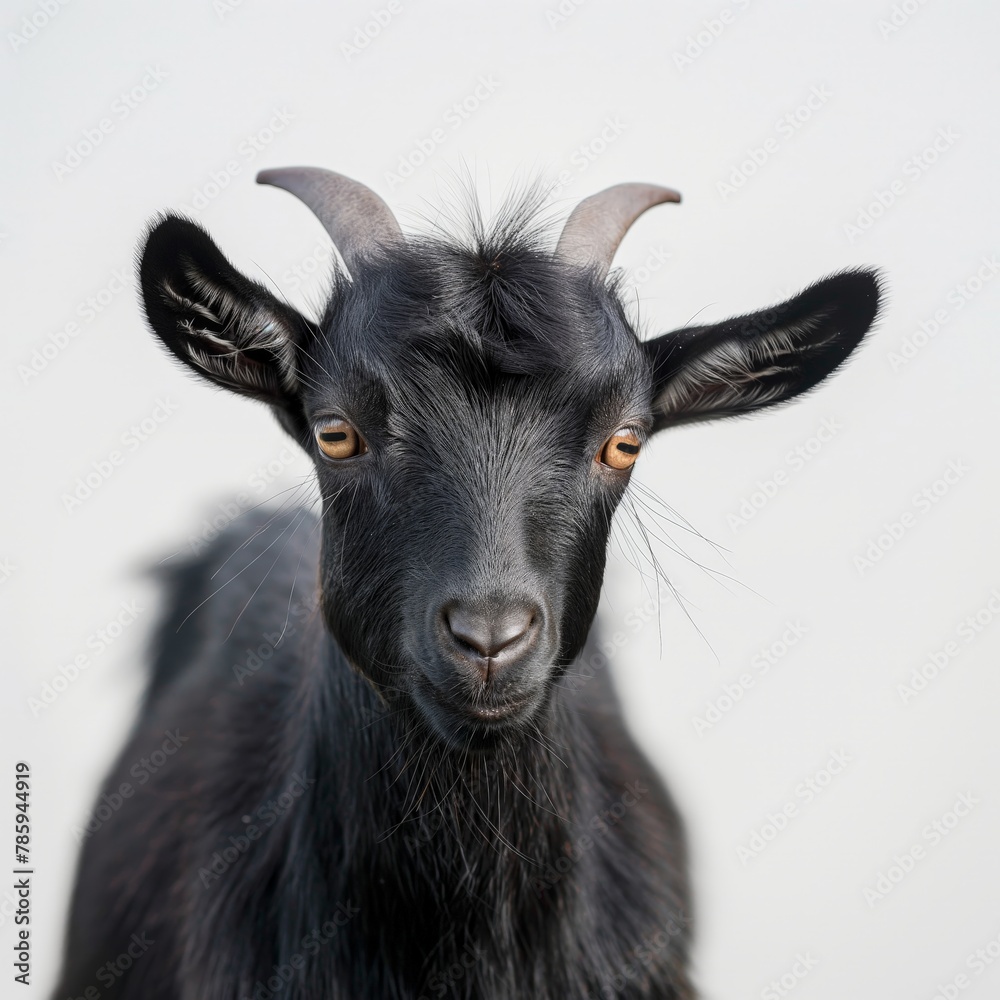 A detailed headshot of a black goat with sharp eyes and prominent horns against a soft white background. - obrazy, fototapety, plakaty 
