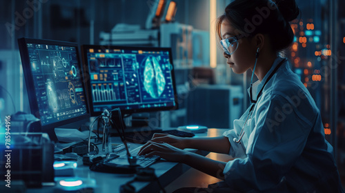 A determined female doctor working late in a research lab, typing on a computer while surrounded by advanced medical equipment and glowing screens, immersed in the task of analyzing.