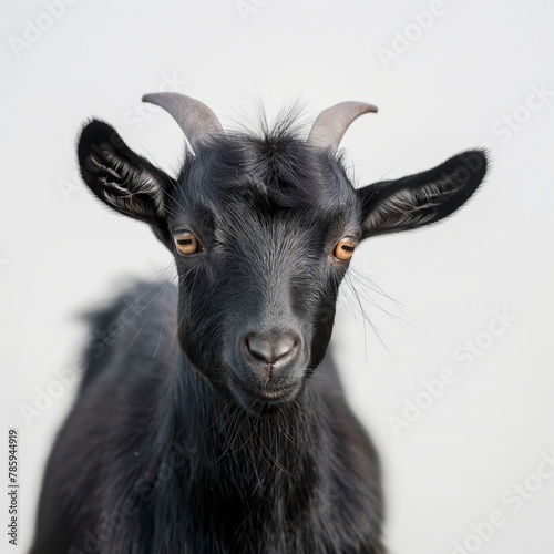 A detailed headshot of a black goat with sharp eyes and prominent horns against a soft white background.