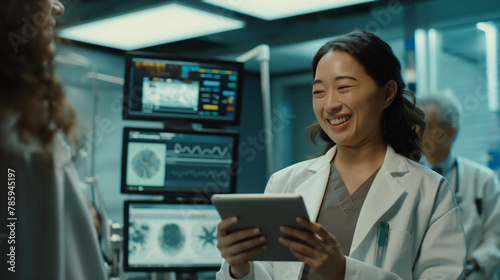 In the serene clinic setting, a cheerful woman stands holding a tablet, her face aglow with a radiant smile as she converses with a doctor about medical information.