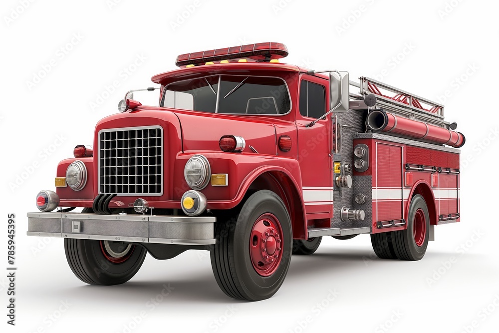 Side view of a vintage red fire truck isolated on a white background, showcasing fire safety equipment.