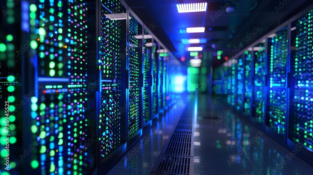 High Tech server room with advanced data center technology. The scene includes rows of large computer. This design symbolizes modern tech innovation in cloud computing and security services. High Tech server room with advanced data center technology. The scene includes rows of large computer. This design symbolizes modern tech innovation in cloud computing and security services.