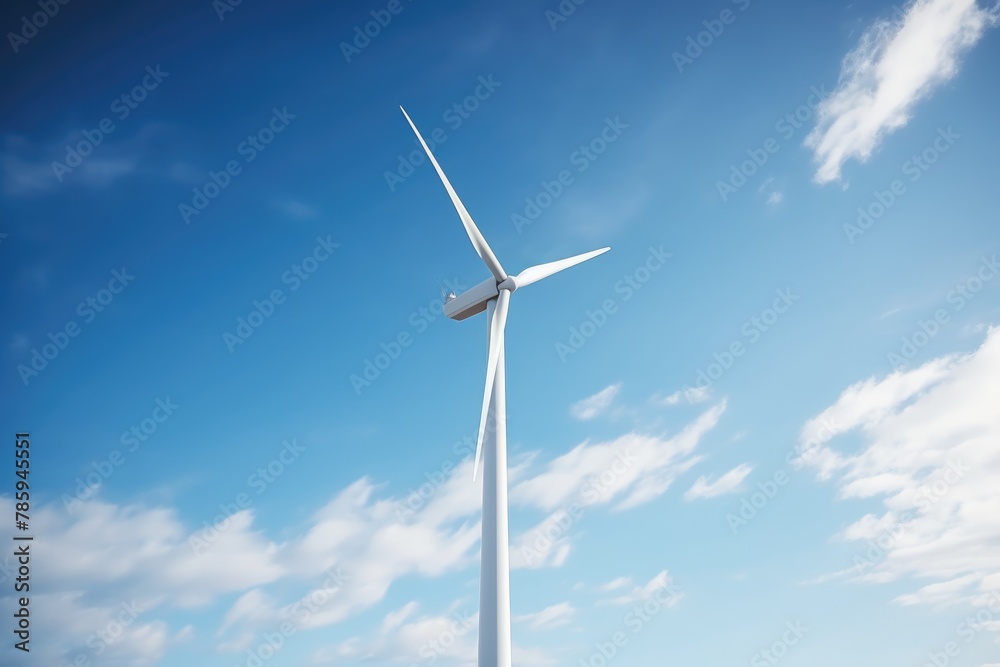 Wind Turbine Against Blue Sky. Modern wind turbine soaring into a bright blue sky, symbolizing clean energy. Wind Turbine Against Blue Sky. Modern wind turbine soaring into a bright blue sky, symbolizing clean energy.